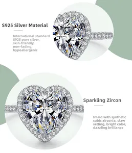 Close-up of S925 sterling silver heart-shaped diamond ring with prong setting details