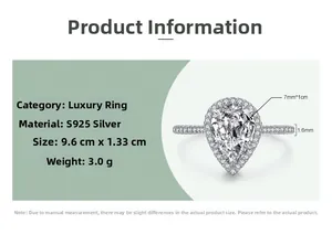 Macro detail of a 3ct pear-cut S925 silver ring with dimensions and specifications