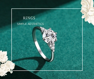 Close-up of s925 silver ring with 1 carat round diamond and side stone accents