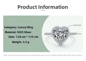 Detailed specs of S925 sterling silver heart-shaped faux diamond ring with 3.3g weight