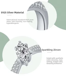 Détail de l'oxyde de zirconium marquise et du serti à griffes sur bague en argent S925