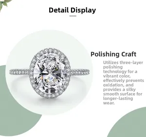 Détail de bague halo ovale avec finition polie triple couche résistante à l'oxydation