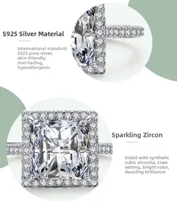 Vue détaillée de la bague en argent 925 avec zircons cubiques taille radiant et griffes