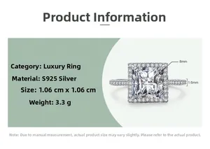 Détails de la bague en argent S925 avec oxyde de zirconium carré et serti halo