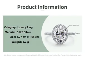 Gros plan sur la bague halo en argent S925 avec une grande pierre ovale en zircone