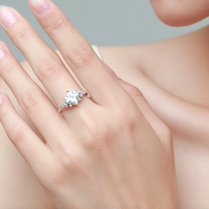 S925 sterling silver ring with square zircon stone shown on a woman's hand