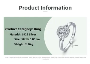 Detailed specs of S925 silver ring featuring 0.85cm sugar cube zircon and 1.9mm band
