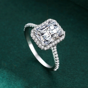 Luxurious S925 sterling silver ring with 3ct radiant cut moissanite in halo pave setting