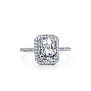 Luxurious 925 sterling silver square halo ring with radiant 3ct diamond simulant