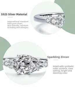 Macro detail of S925 sterling silver ring featuring pear-cut cubic zirconia and prong setting