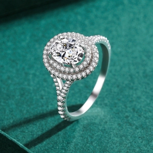 Elegant S925 sterling silver ring with 5ct oval center stone and double halo pave diamonds