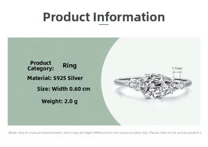 Detailed view of S925 sterling silver pear cut zircon ring with 0.60cm width and 2.0g weight