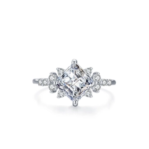 Elegant S925 sterling silver ring with square zircon and side stones on white background