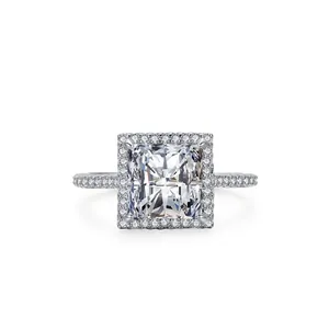 Bague Halo Carrée en Argent Sterling 925 pour Femmes Luxueuse Bague de Fiançailles Incrustée de Strass Bijoux de Mode