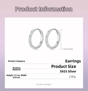 Detailed size specifications for S925 sterling silver hoop earrings with micro zircons