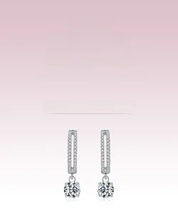 Detailed view of S925 silver drop earrings with rectangle pave settings and large round zircon