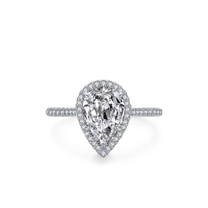 Luxurious 925 sterling silver ring with 3 carat pear shaped faux diamond halo setting