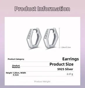 Macro view of S925 sterling silver hexagonal hoop earrings with clear cubic zirconia pavé