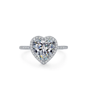 S925 silver heart shaped faux diamond halo ring with pavé setting for weddings