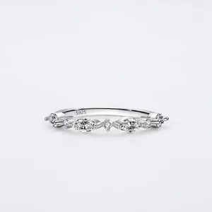 925 Sterling Silver Marquise Round Cut Zirconia Ring Elegant Polished White Gold Plated Stackable Band For Women Fine Jewelry Gift