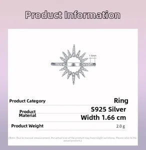 Detailed specs of S925 sterling silver sunflower ring with 1.66cm width and 2.0g weight