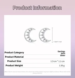 Macro detail of S925 silver crescent moon earrings with cubic zirconia and size specs