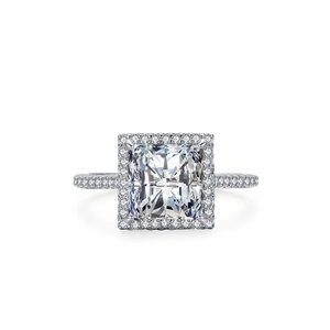 Bague en argent S925 avec diamant carré, halo étincelant et sertissage pavé élégant