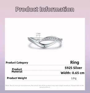 Detail view of S925 silver crossover ring with 0.65cm width and zircon micro-pave