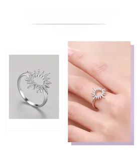 Detail display of silver S925 sunflower ring with pavé set sparkling zircon stones