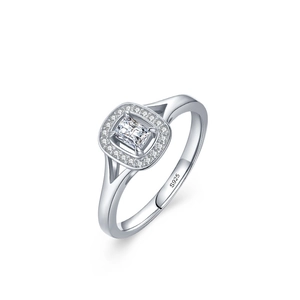 S925 sterling silver ring with emerald-cut zirconia and halo setting on white background
