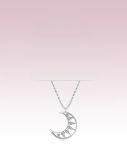 Detailed view of S925 silver crescent moon necklace featuring five sparkling inlaid diamonds