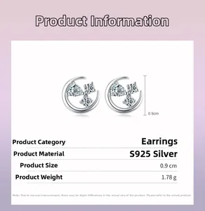 Vue détaillée des boucles d'oreilles lune en argent S925 avec zircons et dimensions