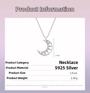 Detailed specs of S925 silver moon necklace with micro-pave crystals, 1.9cm pendant size