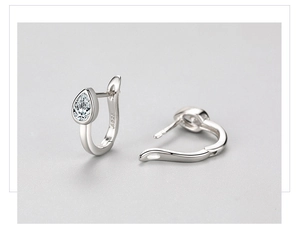 Detailed view of S925 sterling silver U-shaped hoop earrings with water drop zircon stones