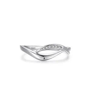 S925 Sterling Silver Cross Curved Ring For Women Minimalist Rhinestone Geometric Wave Finger Ring Jewelry Gift