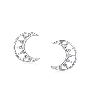 S925 Sterling Silver Hollow Crescent Moon Stud Earrings For Women Dainty Cubic Zirconia Micro Pave Minimalist Jewelry Gift
