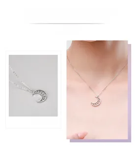Detail view and model shot of S925 silver crescent moon necklace with micro-inlaid zircons