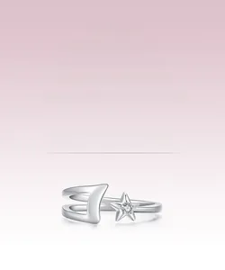 Detailed view of the S925 sterling silver moon and star ring with sparkling zircon stones