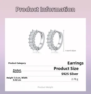 Macro detail of S925 silver hoop earrings with baguette-cut zircons and size info