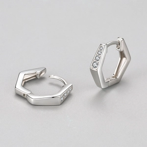S925 Sterling Silver geometric huggie earrings with cubic zirconia minimalist design