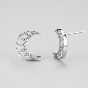 Elegant s925 silver crescent moon stud earrings with micro-pave cubic zirconia crystals