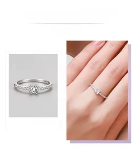 Detail view of princess cut cubic zirconia ring in S925 silver with four-prong setting