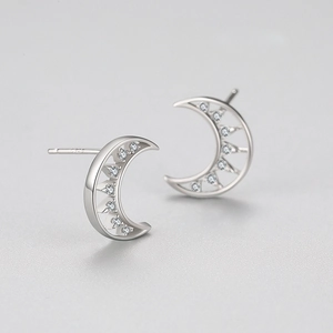 S925 sterling silver crescent moon stud earrings with sparkling cubic zirconia stones