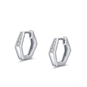 S925 sterling silver hexagonal huggie earrings with cubic zirconia micro-pave setting