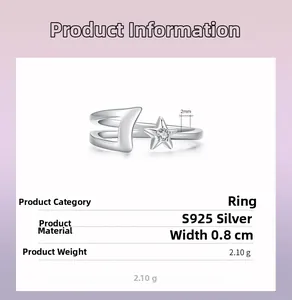 Detail view of S925 silver star and moon ring showing 0.8cm width and 2.10g weight