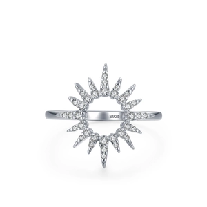 Sparkling S925 sterling silver sunburst ring featuring cubic zirconia accents