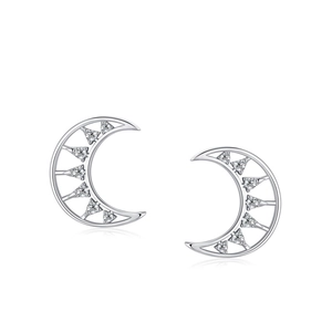 S925 sterling silver crescent moon stud earrings with micro-paved triangular zircons