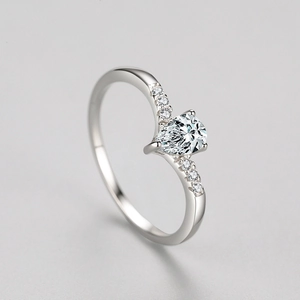 Elegant S925 silver pear shaped diamond ring with side stones on a light grey background