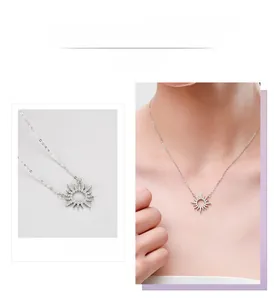 Detailed views showing a sparkling S925 silver sunflower pendant with sunburst cubic zirconia