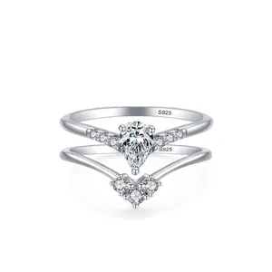 S925 Sterling Silver Pear Cut Zirconia Double Ring Combination Women Engagement Proposal Crown Shape Fashion Finger Ring Jewelry
